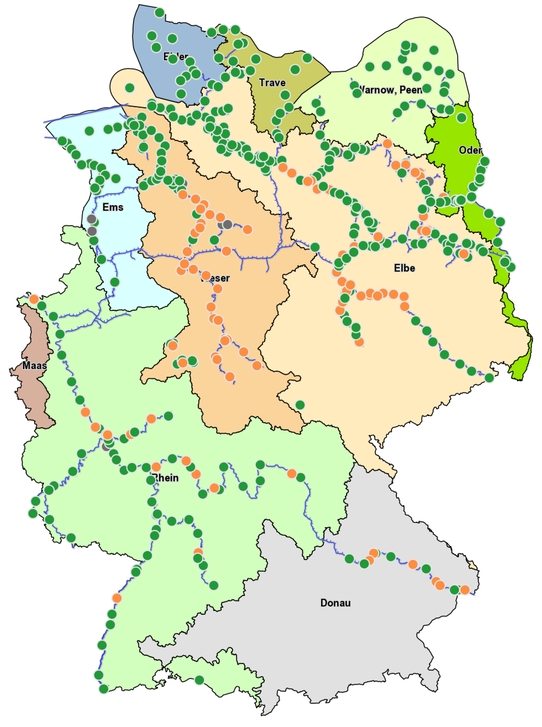Pegelkarte mit deutschlandweit unterschiedlicher Betroffenheit beim Niedrigwasser im August 2020